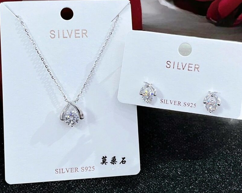 Set dây liền mặt bạc S925 (xi kim) và bông đính đá Moissanite