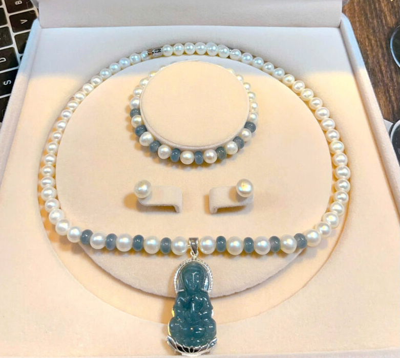 Bộ trai tròn đẹp 7-8li mix Mặt Phật lam ngọc bọc bạc